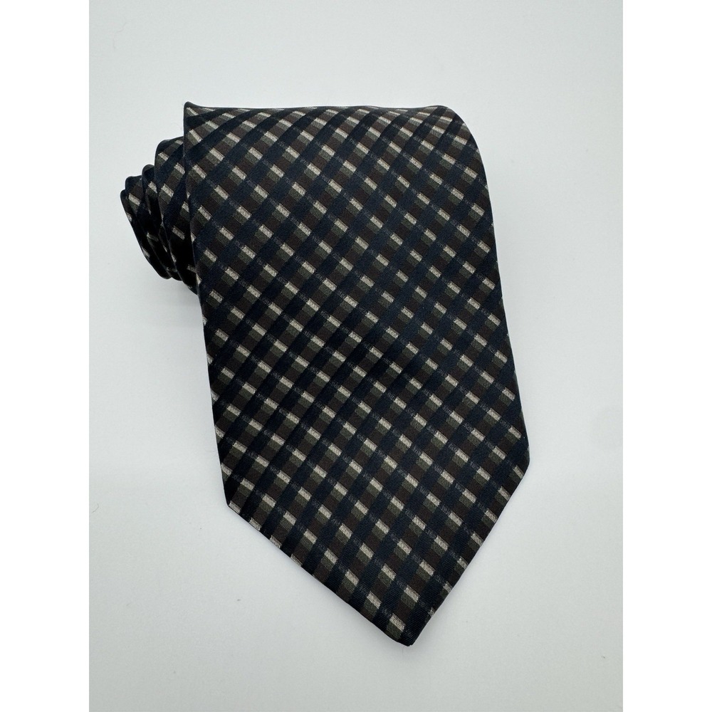 Donna Karan New York Tie 100% Silk Black Brown Check Plaid Designer Necktie